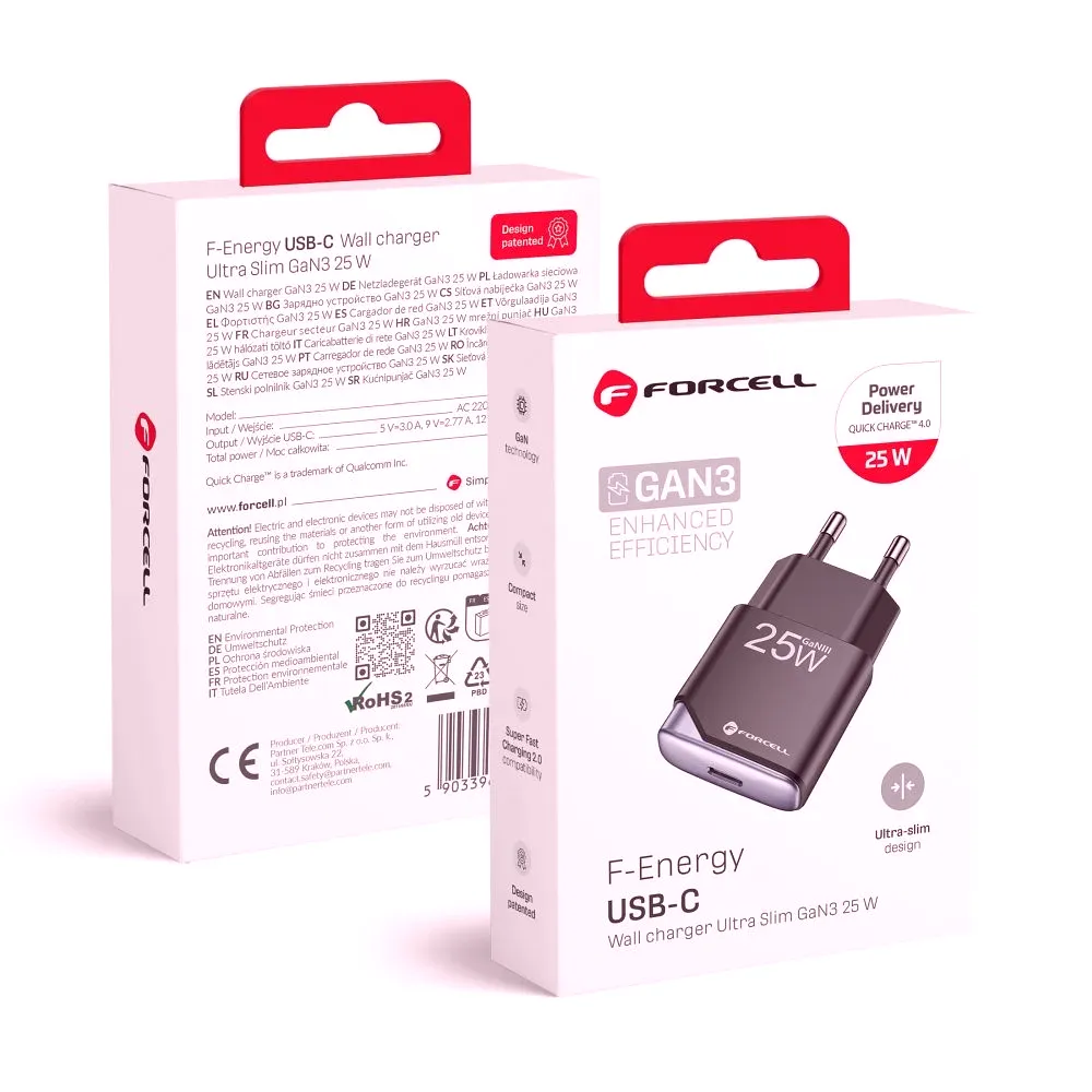 [1515] FORCELL Cargador F-Energy Ultra Slim GaN III USB C PD QC4.0 3A 25W