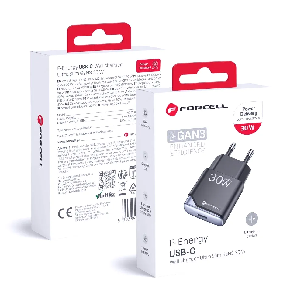 FORCELL Cargador F-Energy Ultra Slim GaN III USB C PD QC4.0 3A 30W
